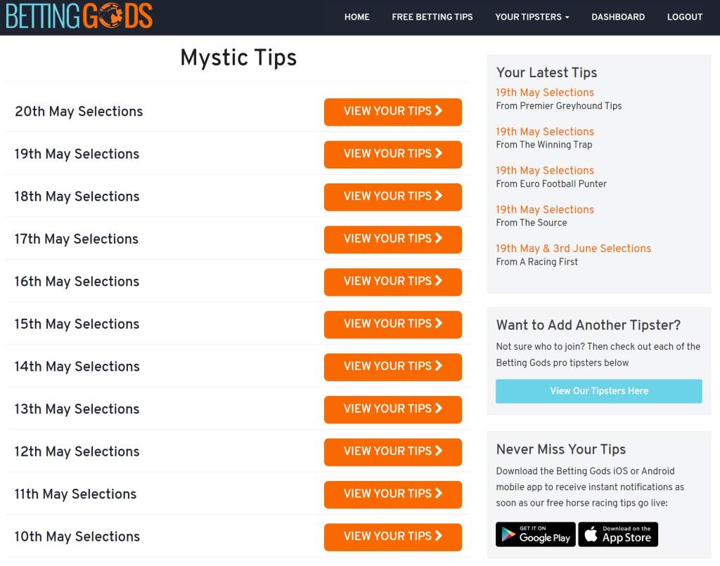 mystic tips review dashboard view