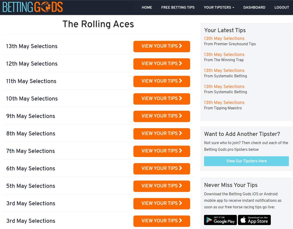the rolling aces tip dashboard