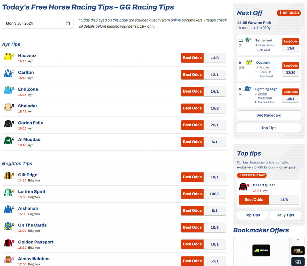 gg free horse racing tips for today
